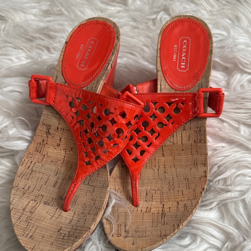 Coach Women's Bright orange Cork Sandals 8.5 slight used 3 inch heels